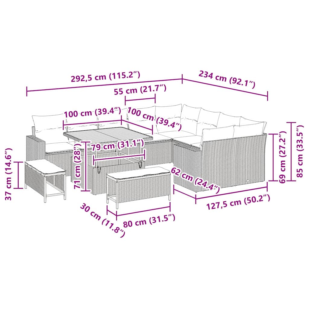 Garden Sofa Set with Cushion 13 pcs Black Poly Rattan