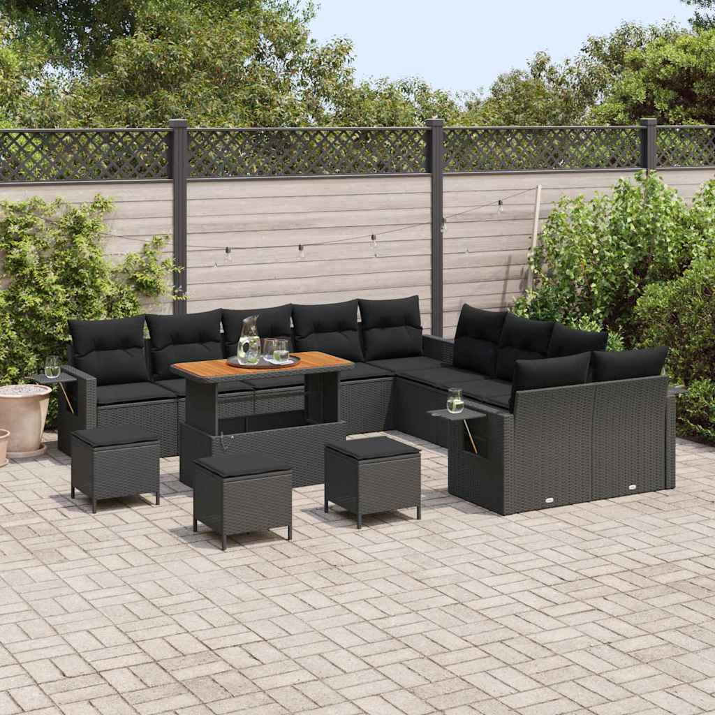 Garden Sofa Set with Cushion 14 pcs Black Poly Rattan