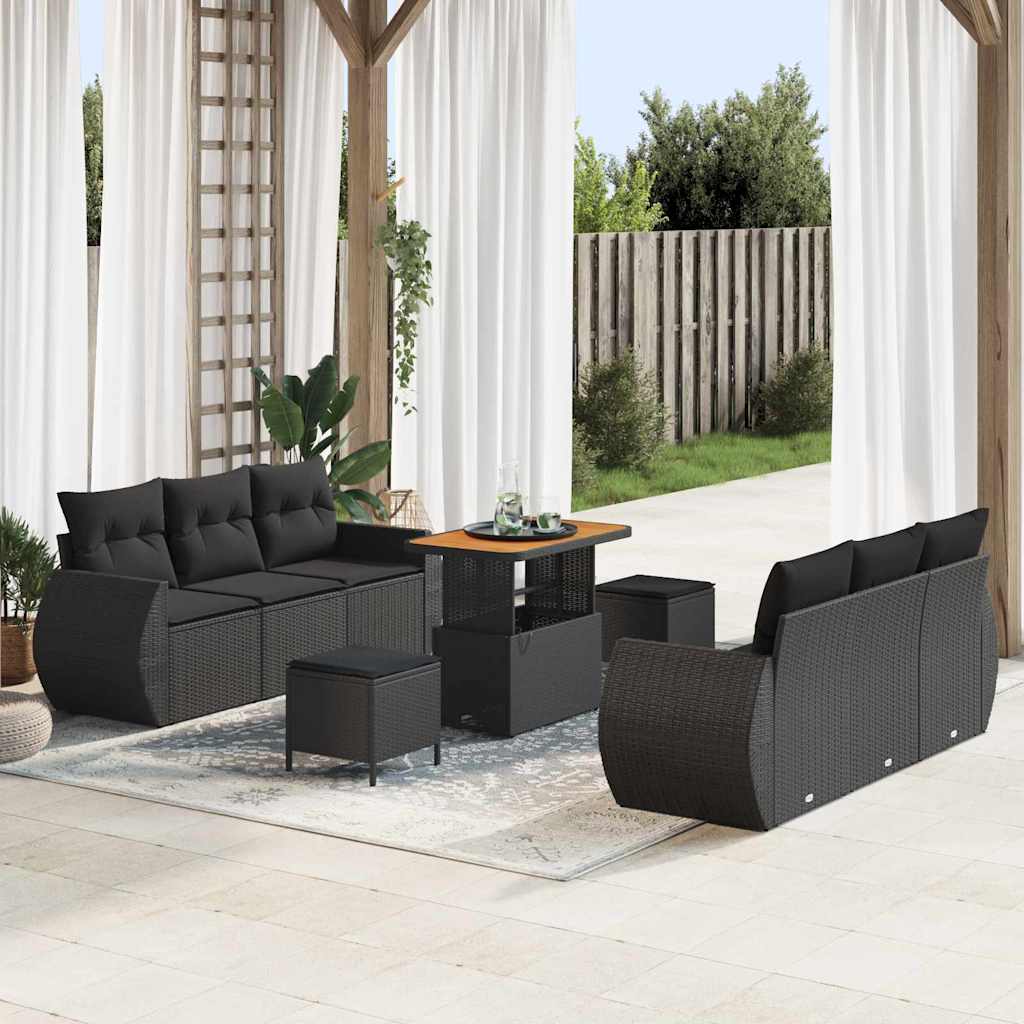 Garden Sofa Set 9 pcs Black Poly rattan and powder-coated steel