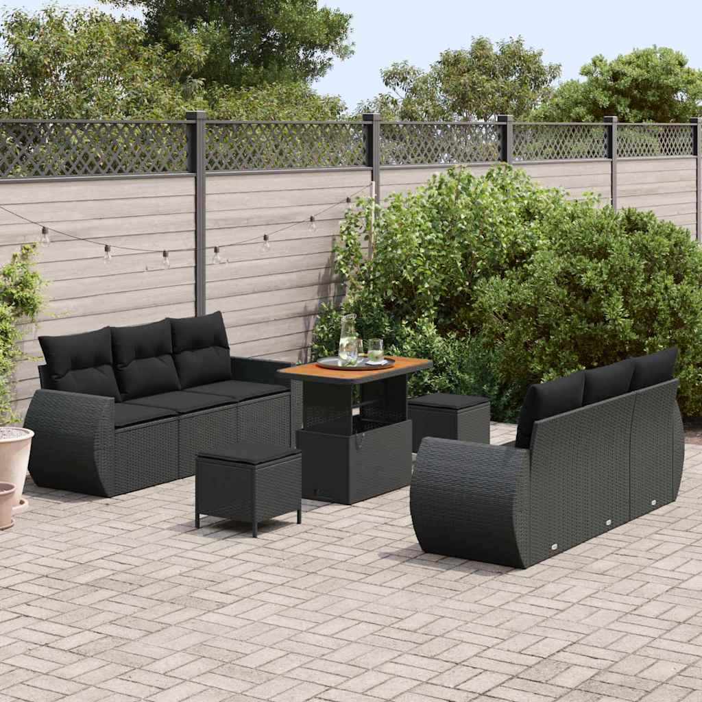 Garden Sofa Set 9 pcs Black Poly rattan and powder-coated steel