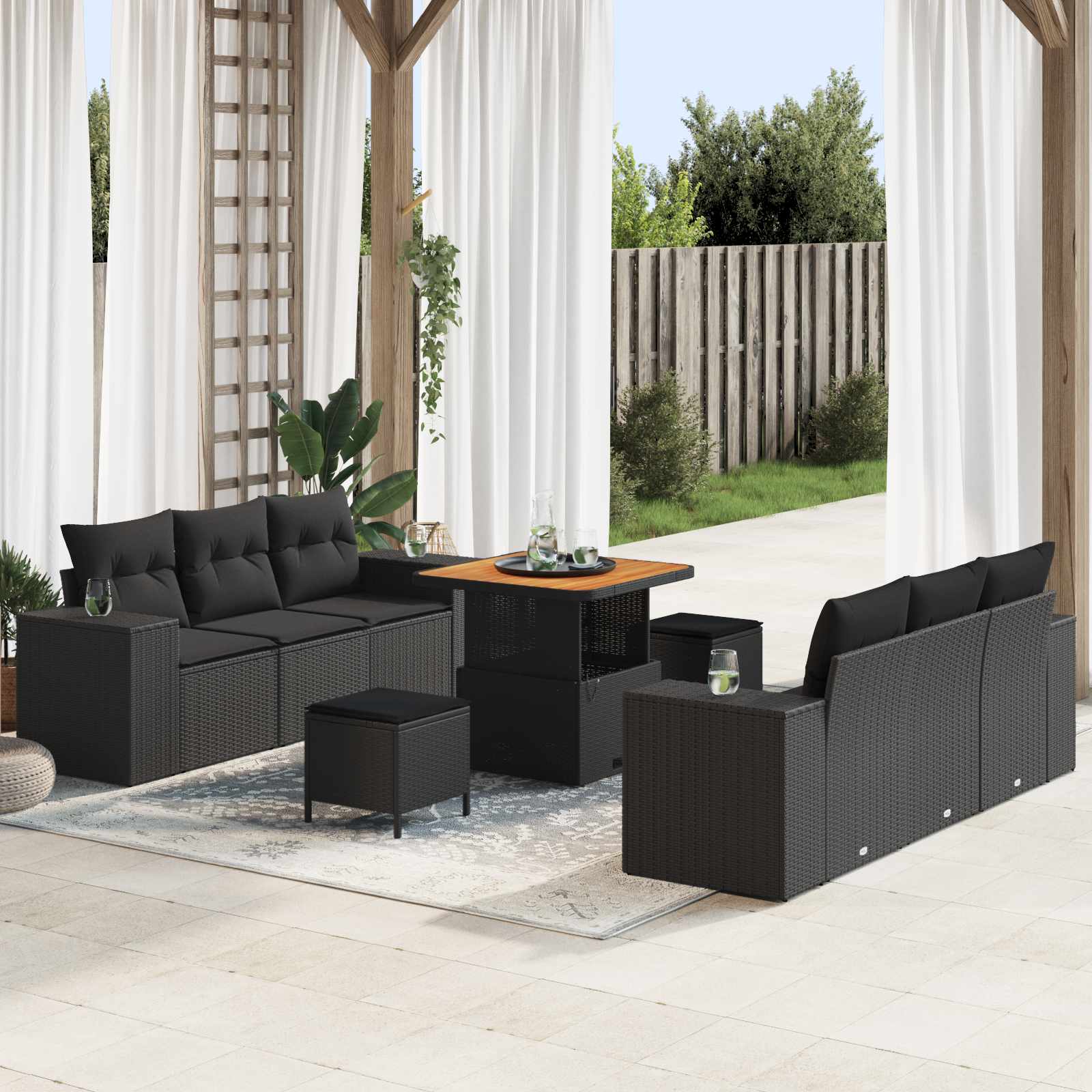 Garden Sofa Set with Pillow Black 221 x 204 x 85 cm Poly Rattan