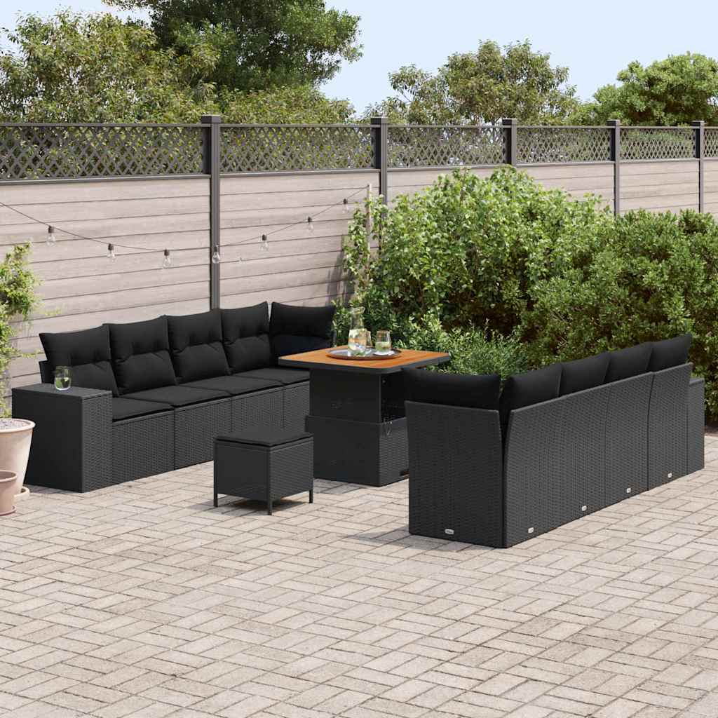 Garden Sofa Set with Cushion 11 pcs Black Poly Rattan