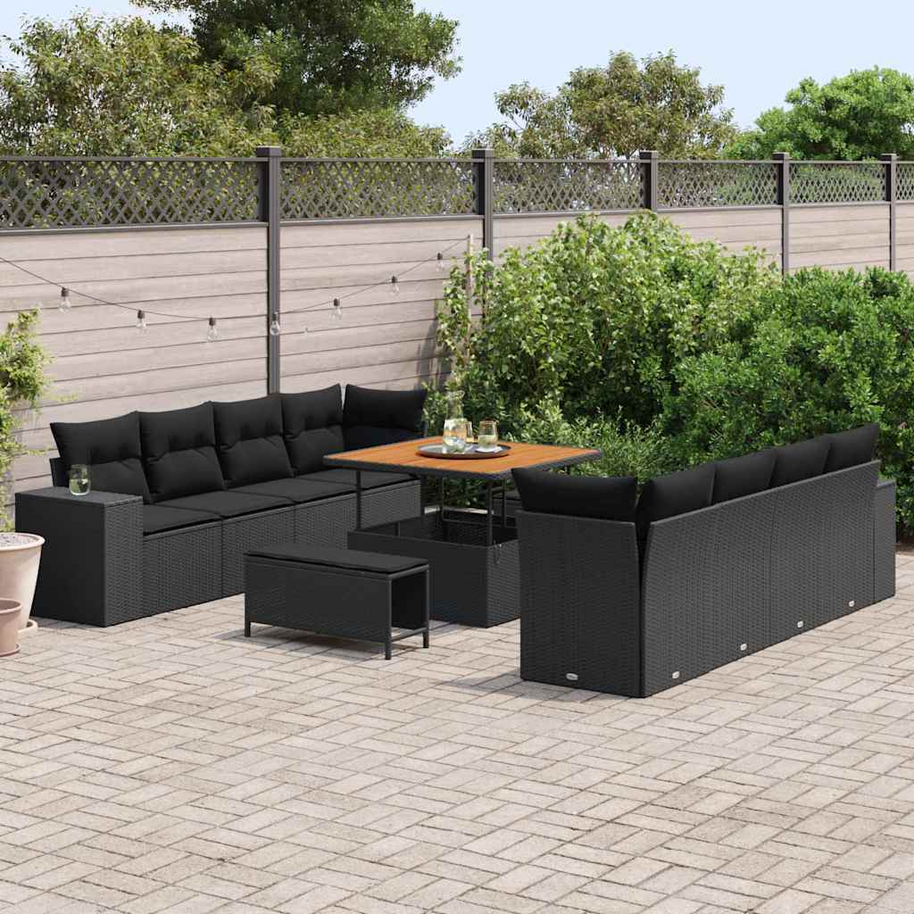 Garden Sofa Set with Cushion 11 pcs Black Poly Rattan