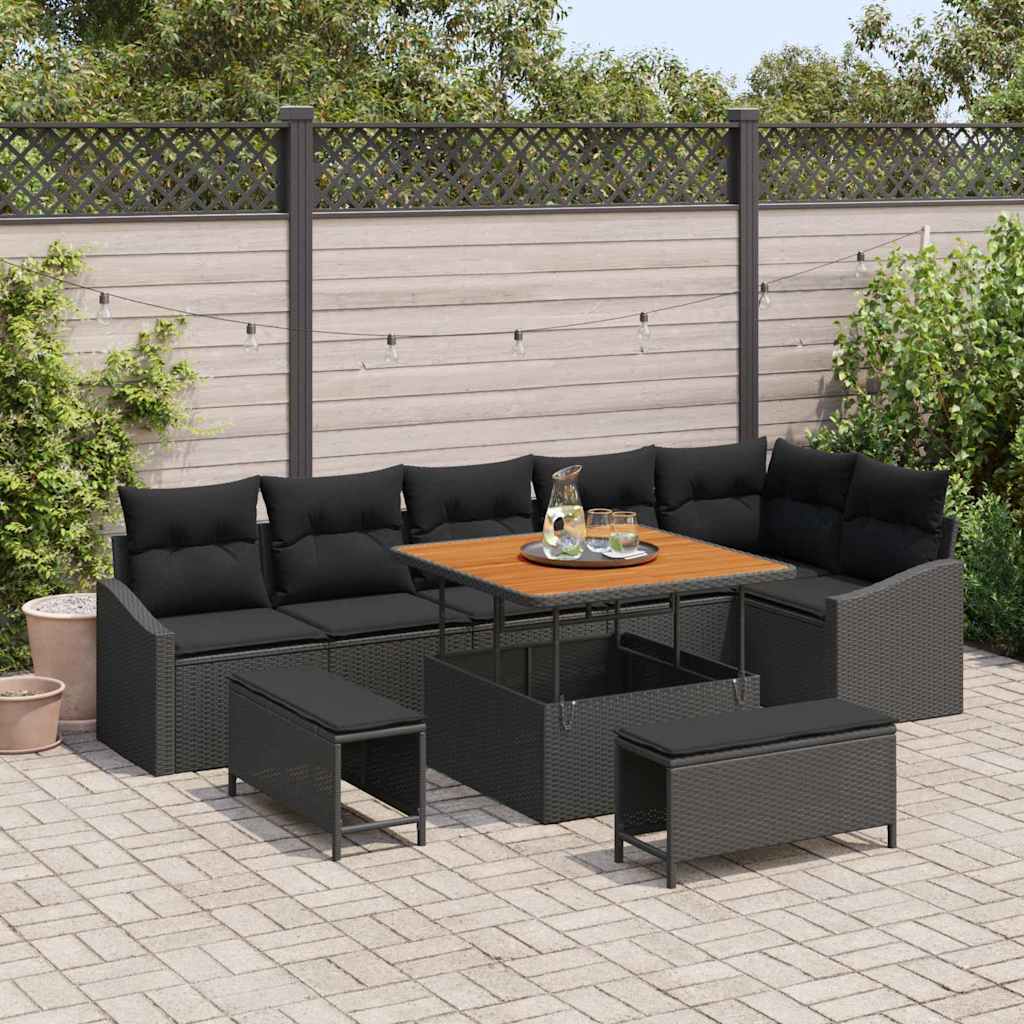 Garden Sofa Set 9 pcs 7-Seater Black Poly rattan