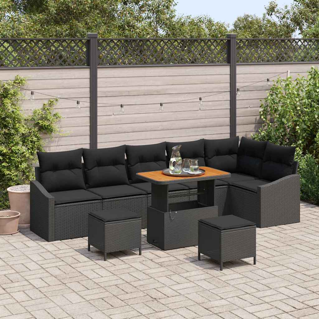 Garden Sofa Set with Cushion 9 pcs Black 90 x 55 x 71 cm