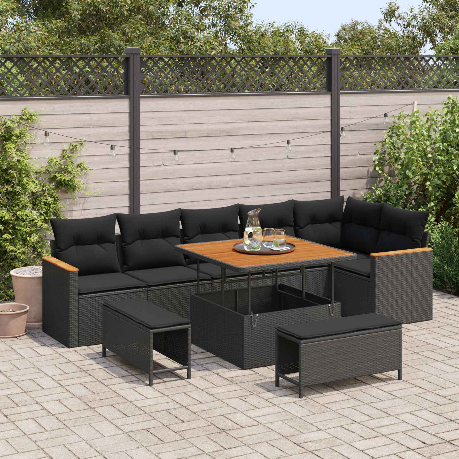 Garden Sofa Set with Cushion 9 pcs Black Poly rattan