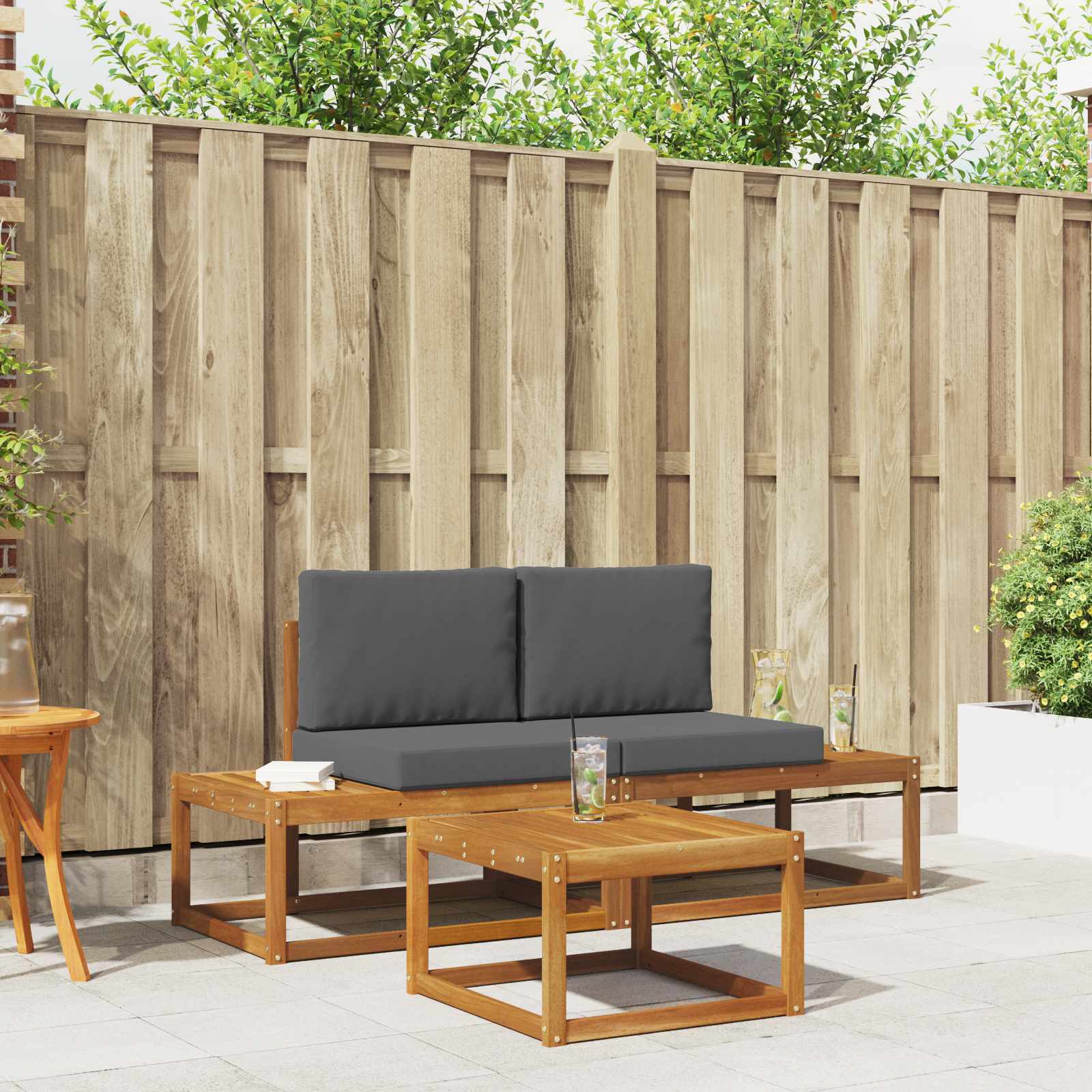 Outdoor Sofa Set 3 pcs Natural Solid Acacia Wood and Polyester