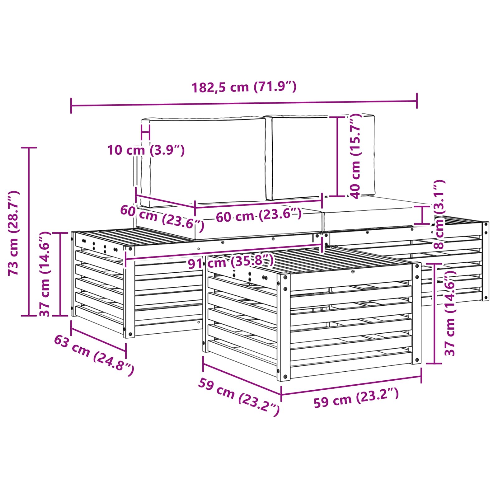 Outdoor Sofa Set Natural and Anthracite 59 x 59 x 37 cm