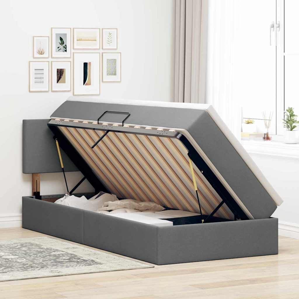 LED Storage Bed with Mattress Dark Grey 107 x 203 cm Fabric