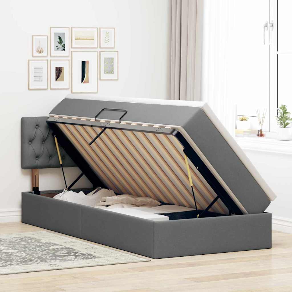 LED Storage Bed with Mattress Dark Grey 107 x 203 cm Fabric