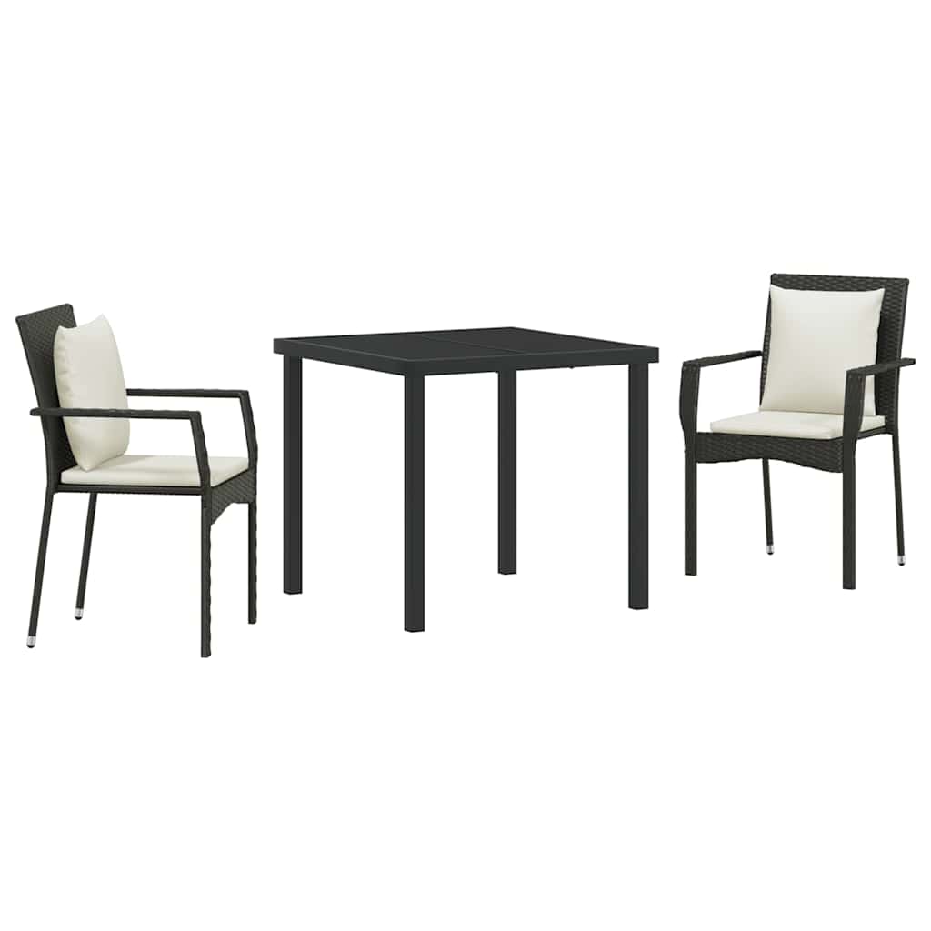 Garden Dining Set with Cushion 3 pcs Black Poly Rattan