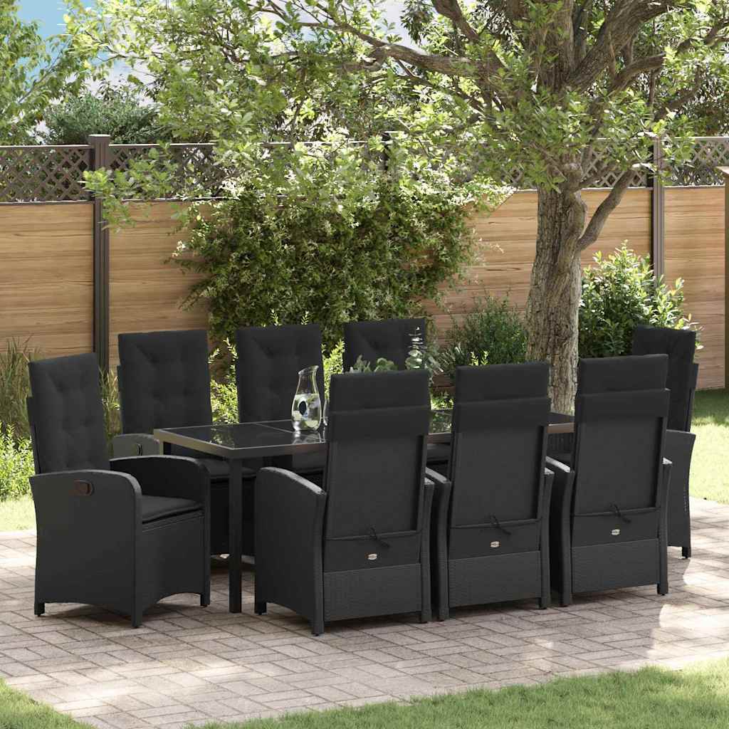Garden Dining Set with Cushion 9 pcs Black Poly Rattan