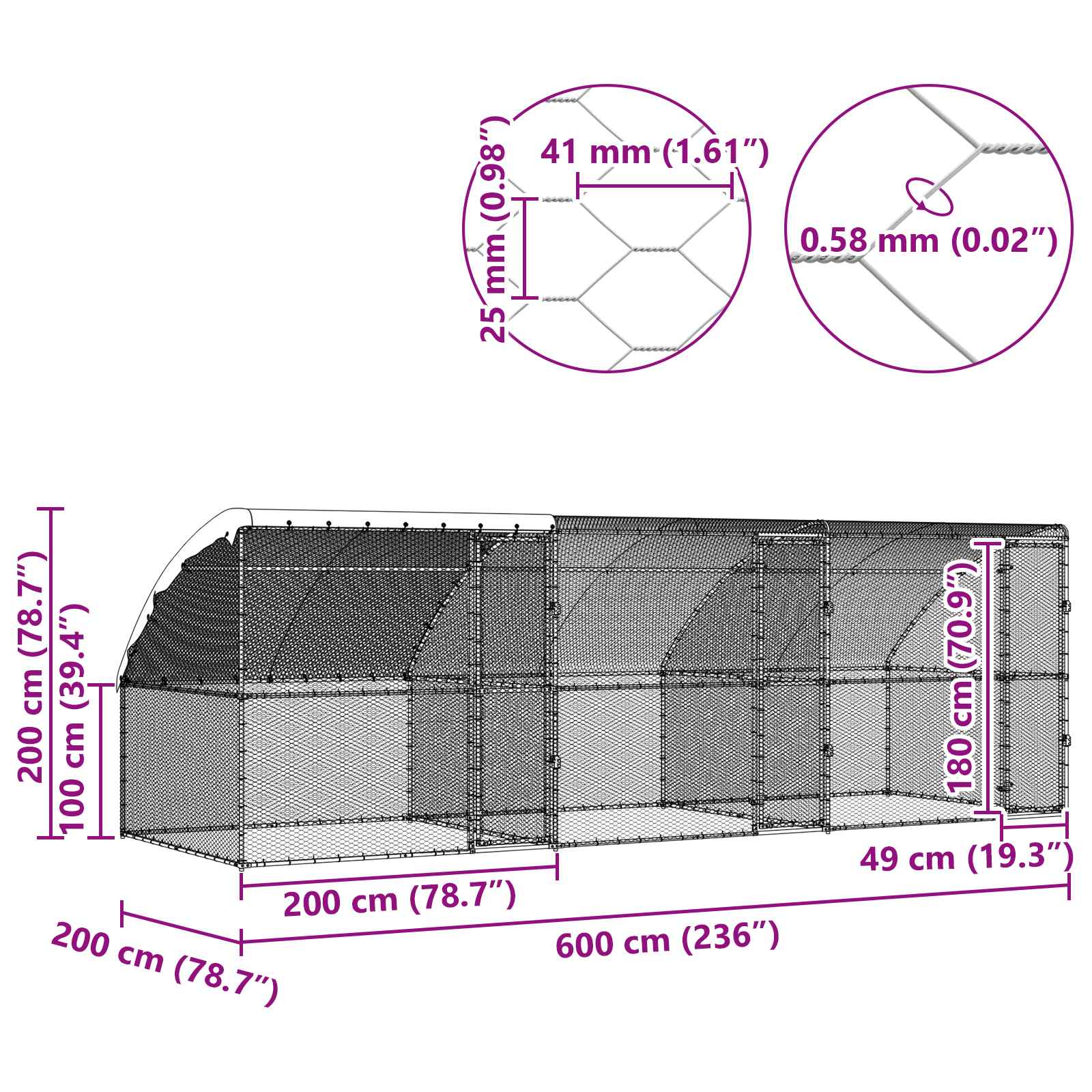 Chicken Cage with 3 Doors 3 pcs Silver 600x200x200cm