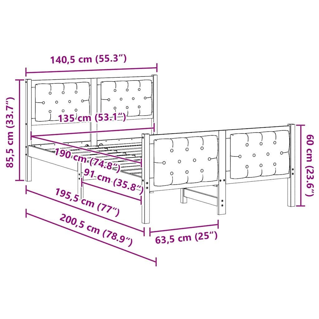 Bed Frame with Headboard Dark Grey 135 x 190 cm Solid Pine Wood