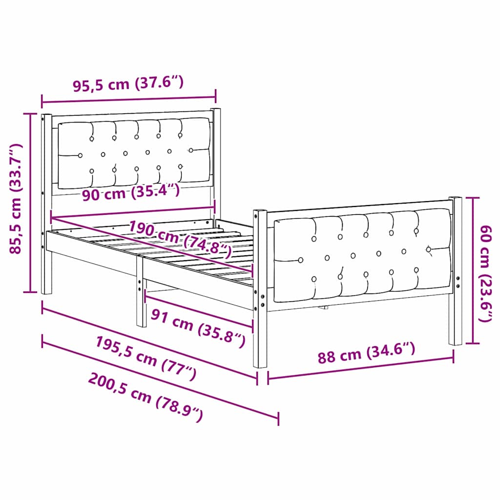 Bed Frame with Headboard Dark Grey 90 x 190 cm Solid Pine Wood