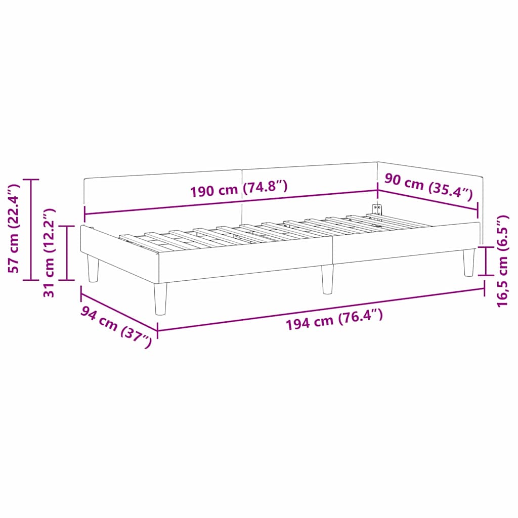 Corner Bed Frame Dark Grey 90 x 190 cm Fabric
