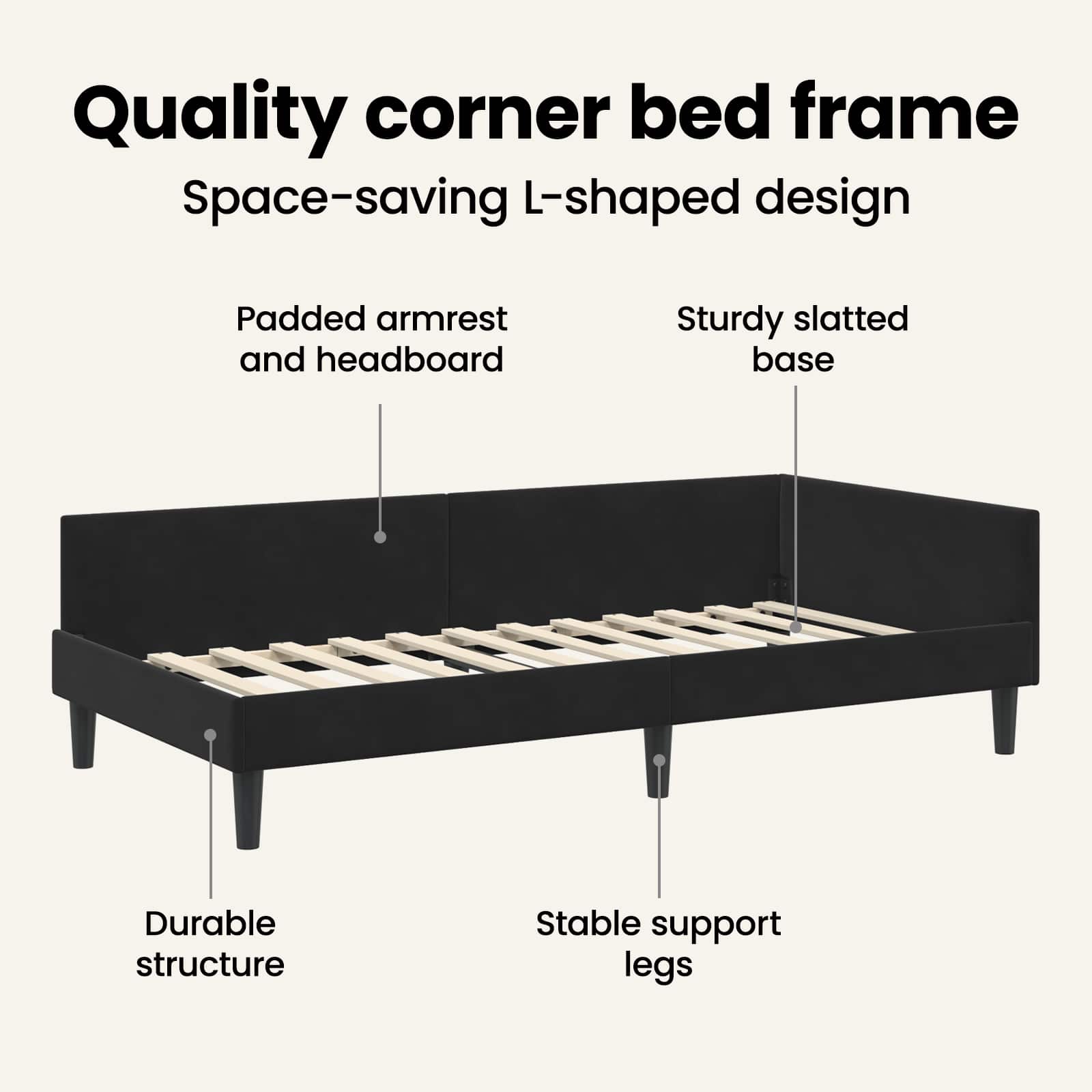 Corner Bed Frame with Headboard Black 90 cm x 190 cm Velvet