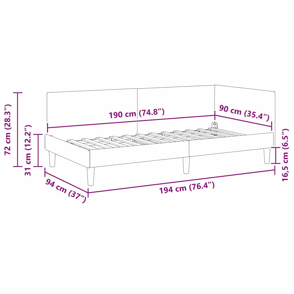 Corner Bed Frame Dark Grey 90 cm x 190 cm Fabric and Plywood