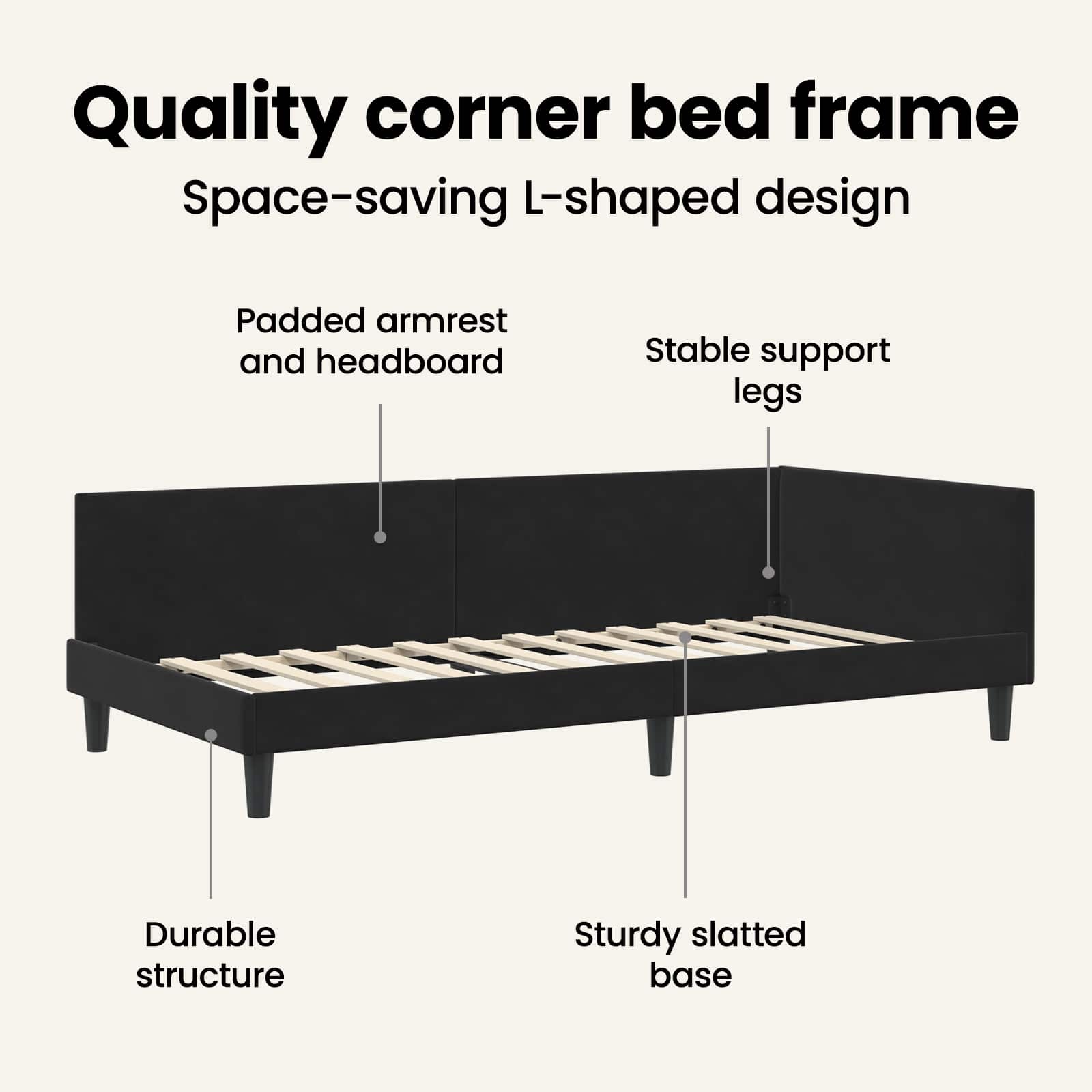 Corner Bed Frame with Headboard Black 90 cm x 190 cm Velvet