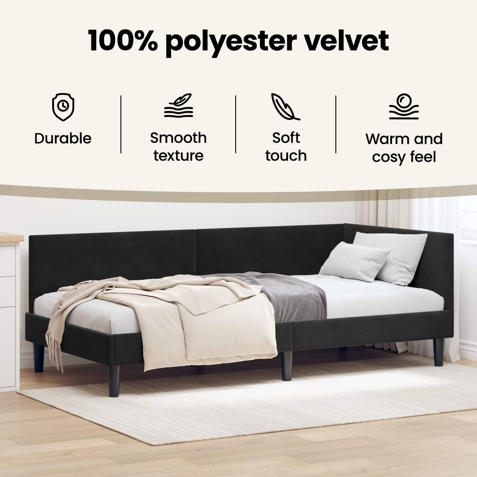 Corner Bed Frame with Headboard Black 90 cm x 190 cm Velvet