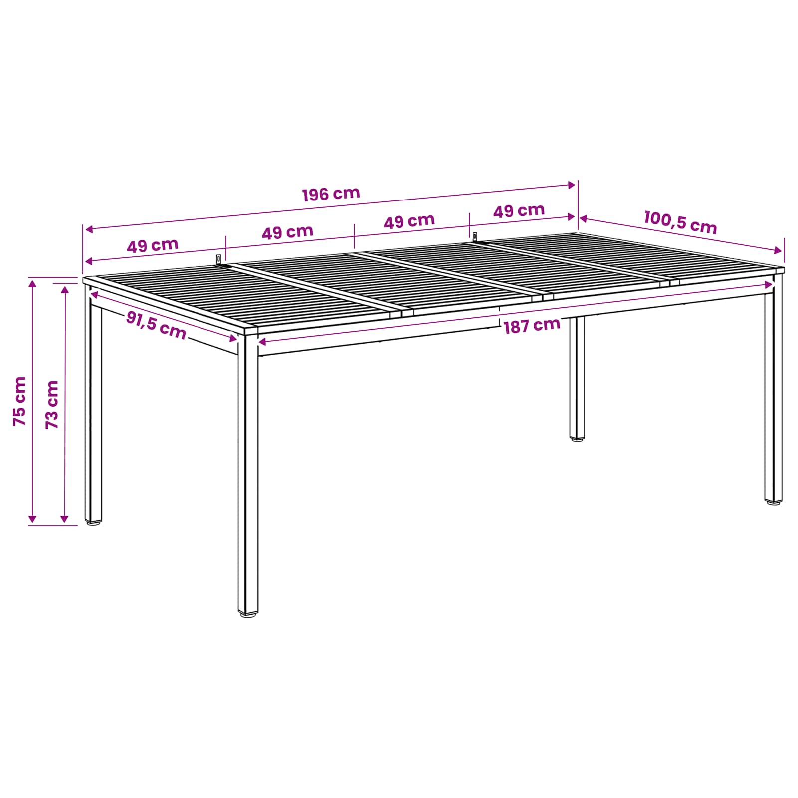Garden Dinner Table Natural and Black 196 x 100.5 x 75 cm