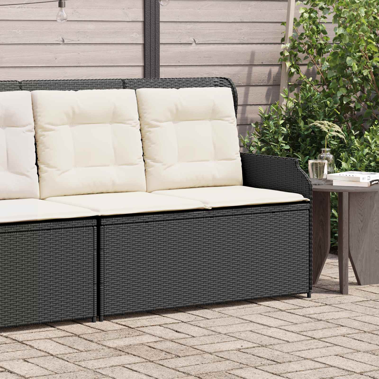 Garden Bench with Cushion Black and Cream White Poly Rattan