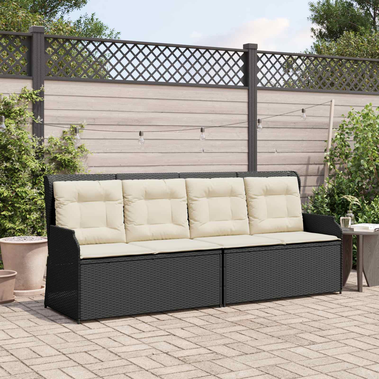 Garden Bench with Cushion Black and Cream White Poly Rattan