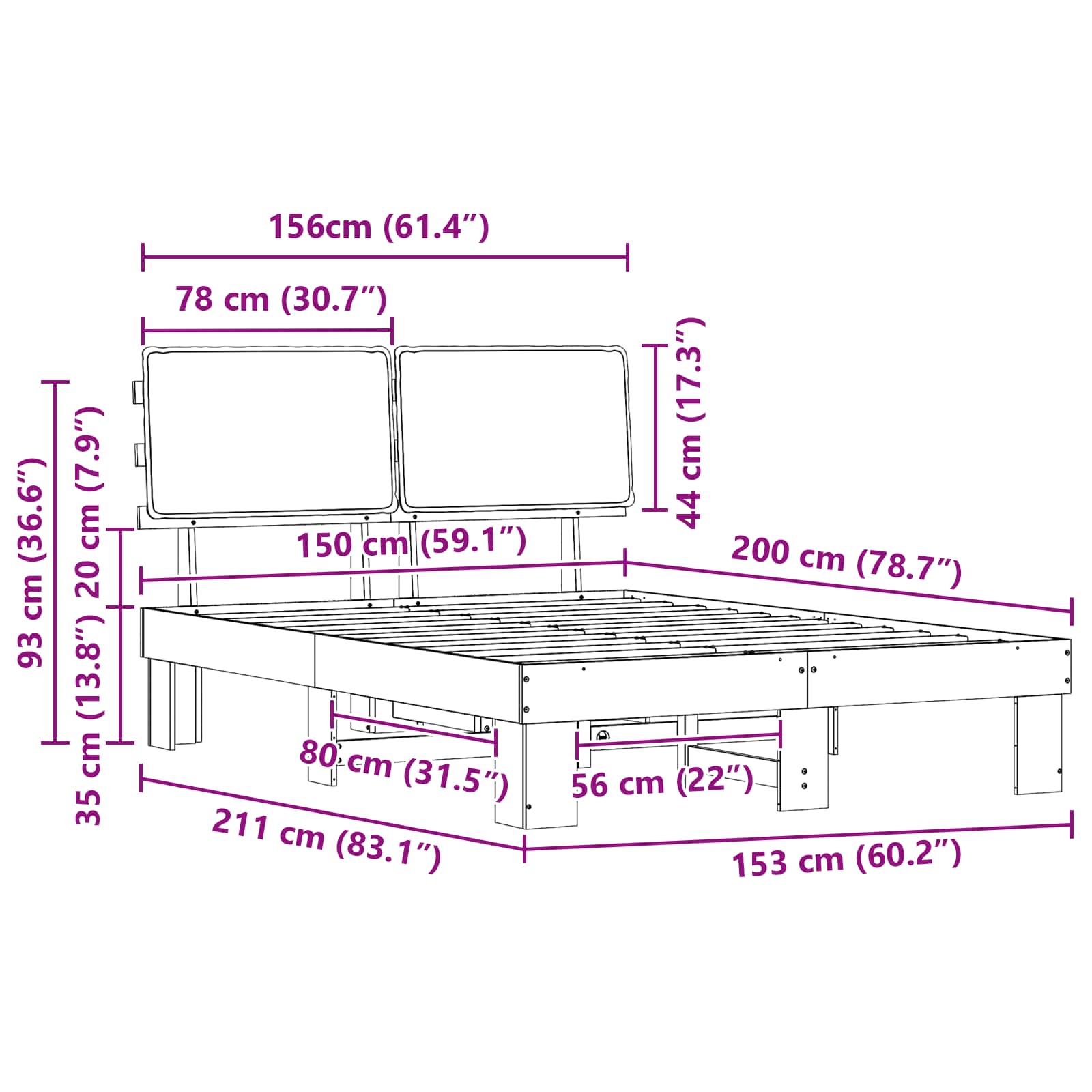 Bed Frame with Upholstered Headboard Dark Grey 150 x 200 cm