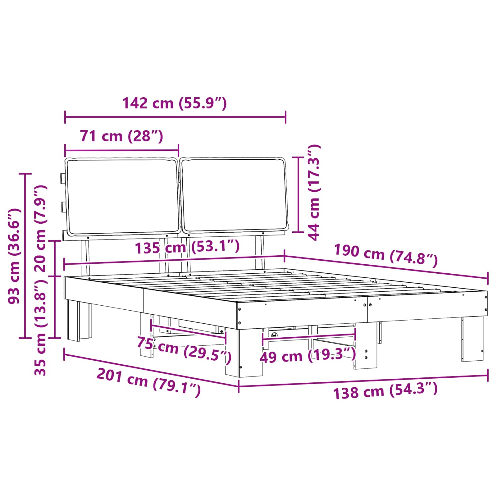 Bed Frame with Upholstered Headboard Dark Grey 135 x 190 cm