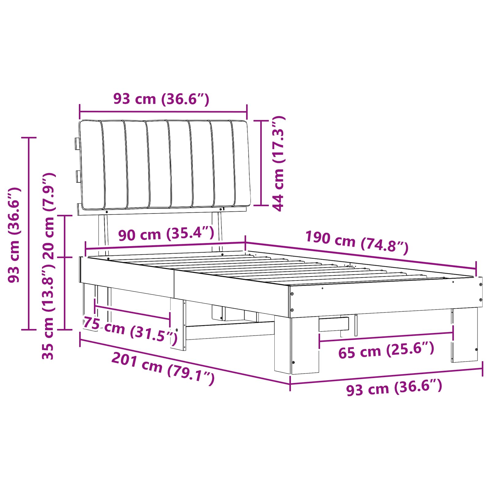 Bed Frame with Upholstered Headboard Dark Grey 90 x 190 cm