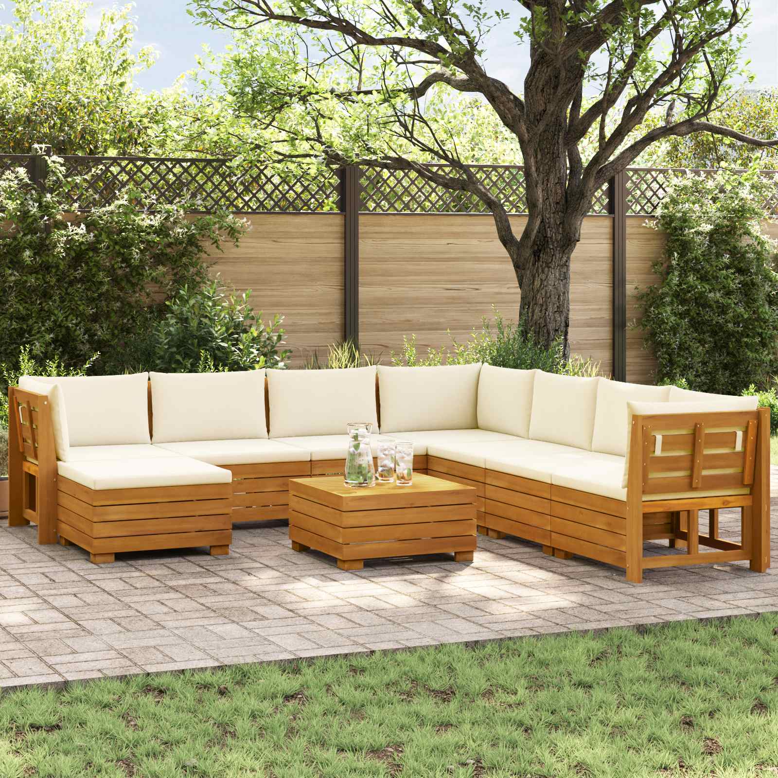 Outdoor Sofa Set with Cushion 9 Piece Brown Solid Acacia Wood