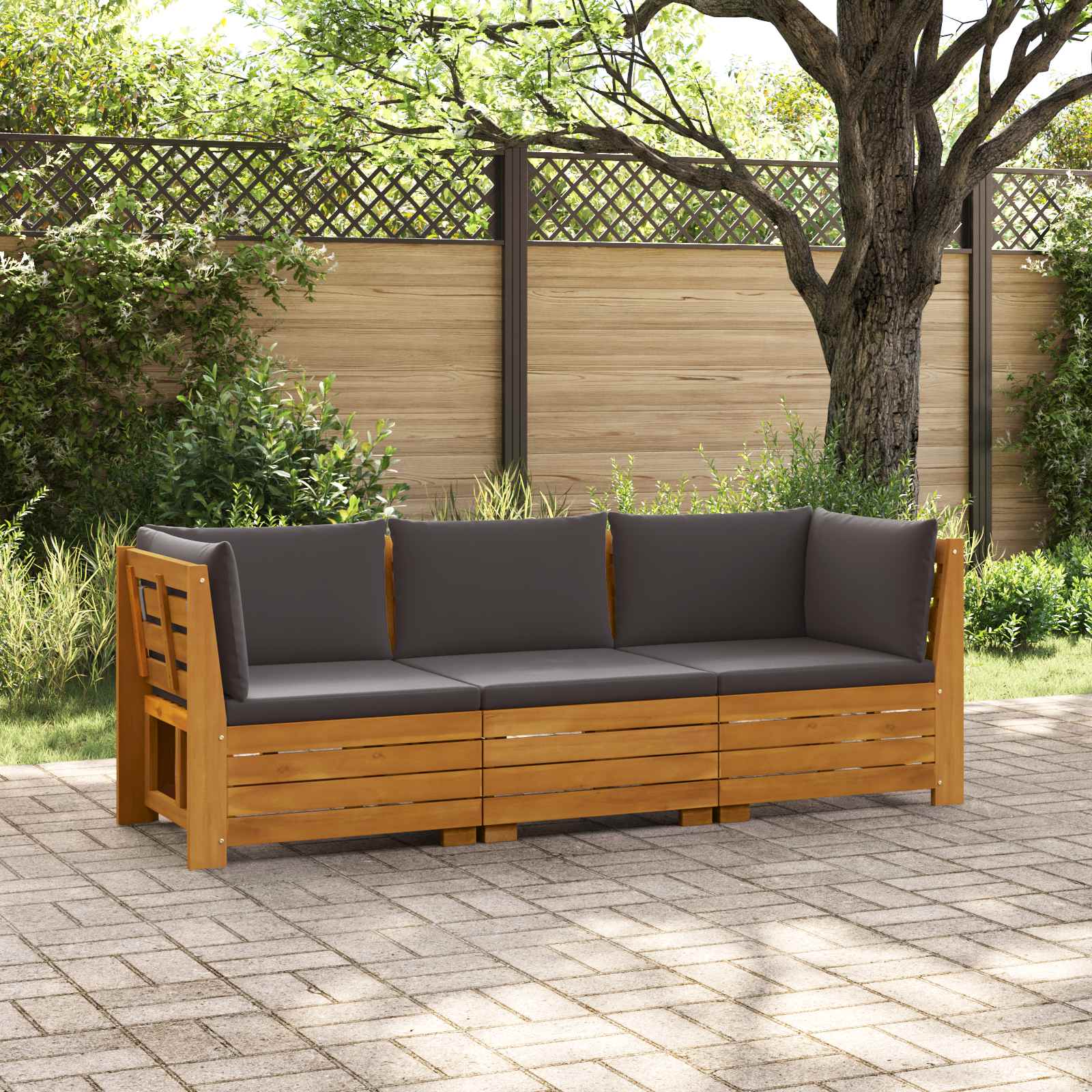 Outdoor Sofa Set with Cushion 3 Piece Brown Solid Acacia Wood