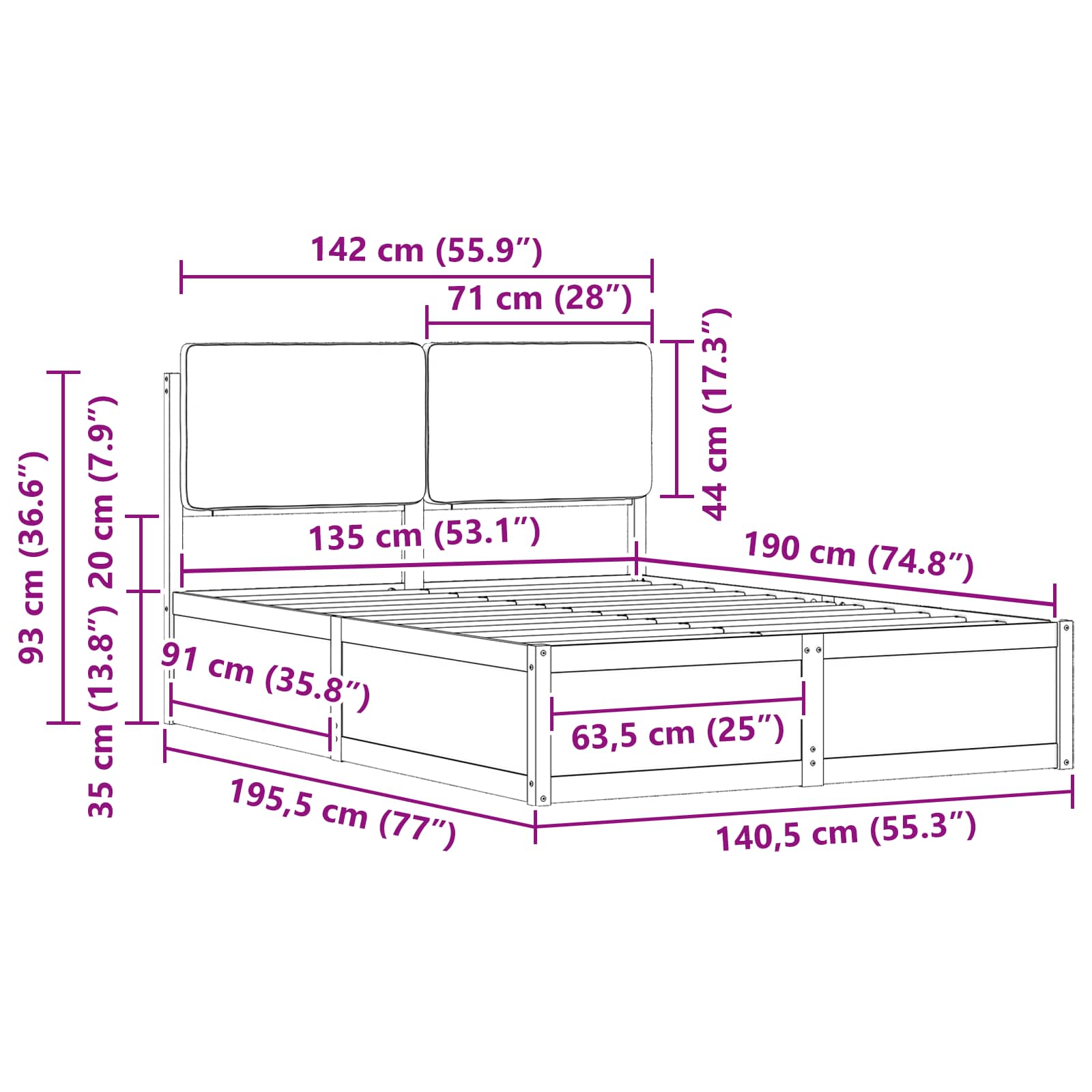 Bed Frame with Upholstered Headboard Dark Grey 135 x 190 cm