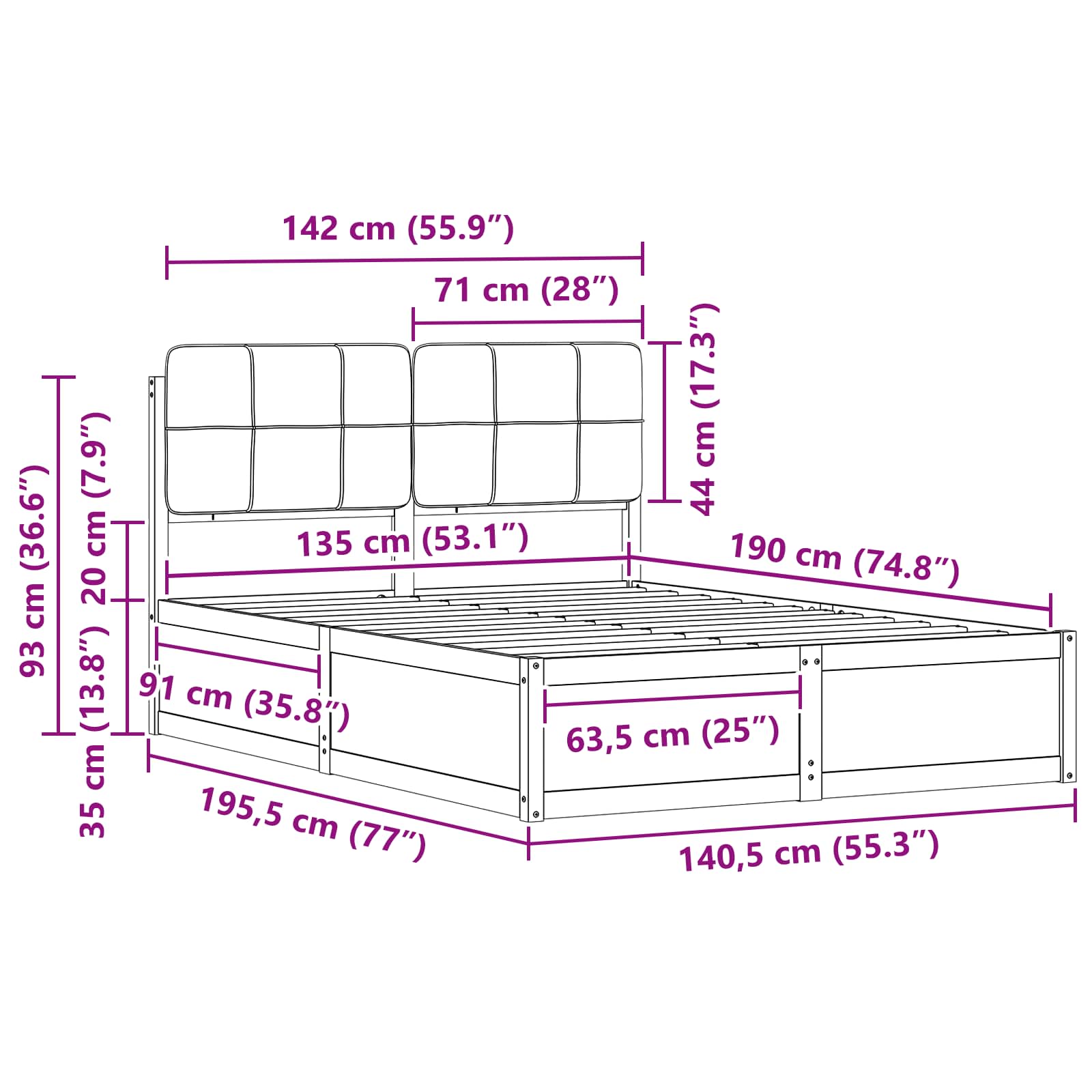 Bed Frame with Upholstered Headboard Dark Grey 135 x 190 cm
