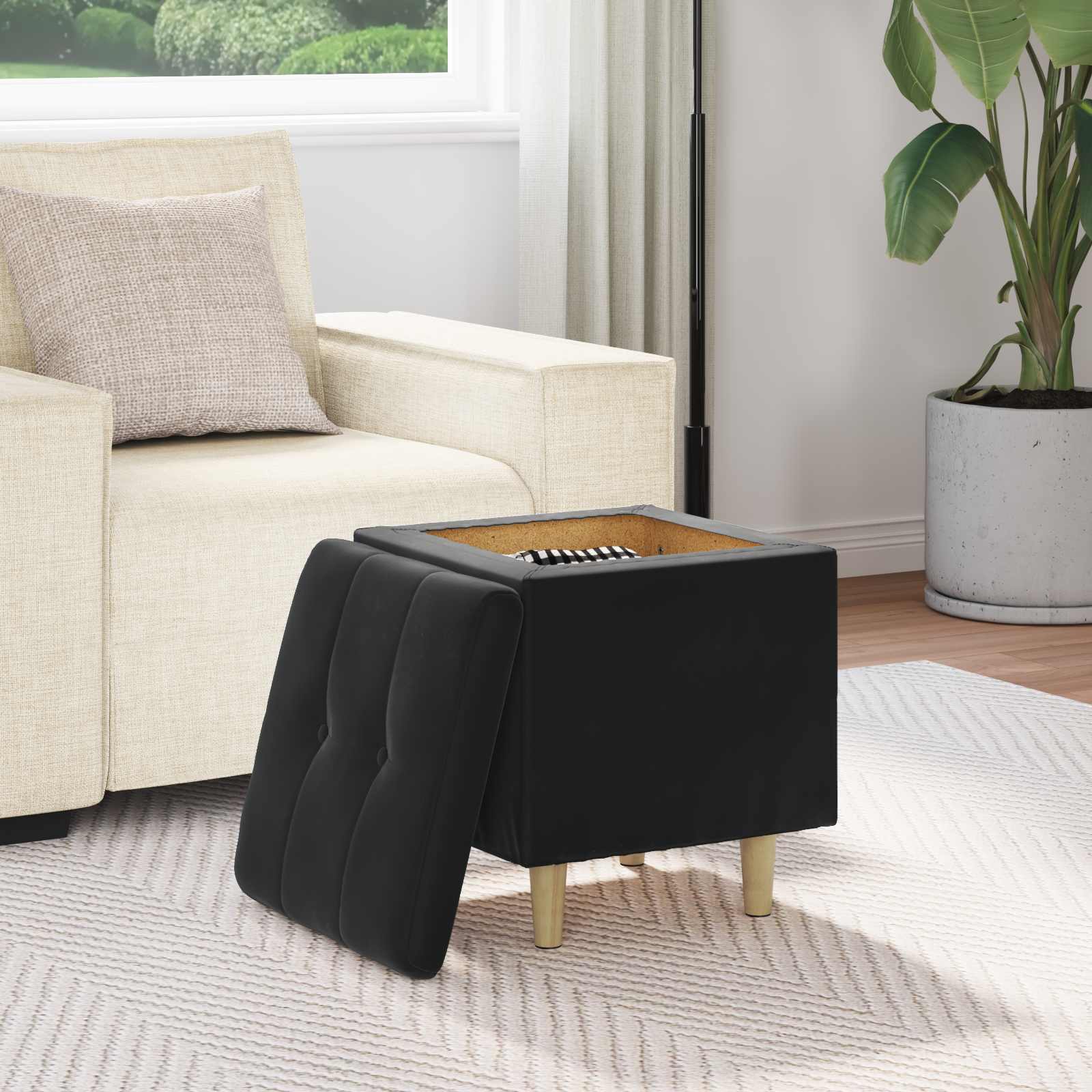 Storage Ottoman with Cushion Black 40 x 40 x 45 cm Velvet
