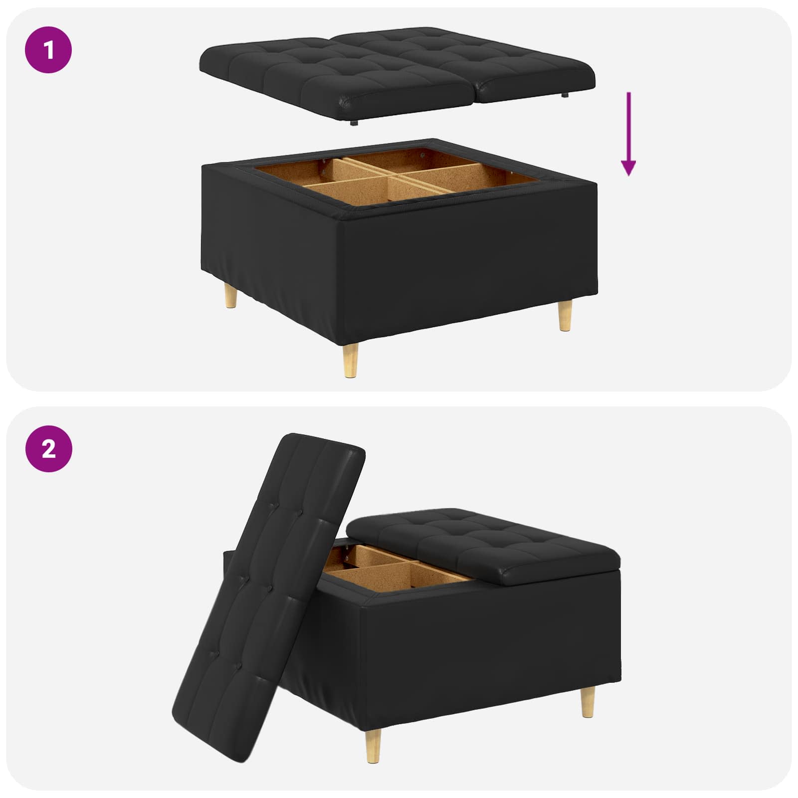 Storage Ottoman with Cushion Black 80 x 80 x 45 cm Faux leather