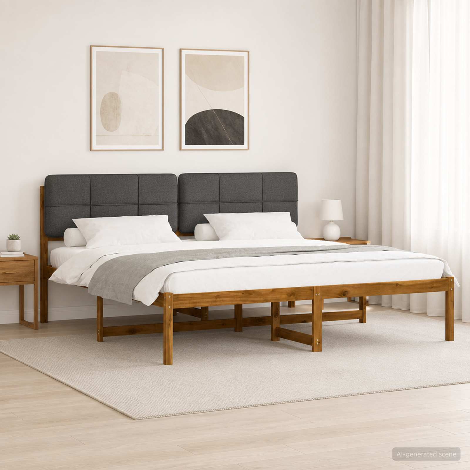 Bed Frame with Upholstered Headboard Natural and Dark Grey
