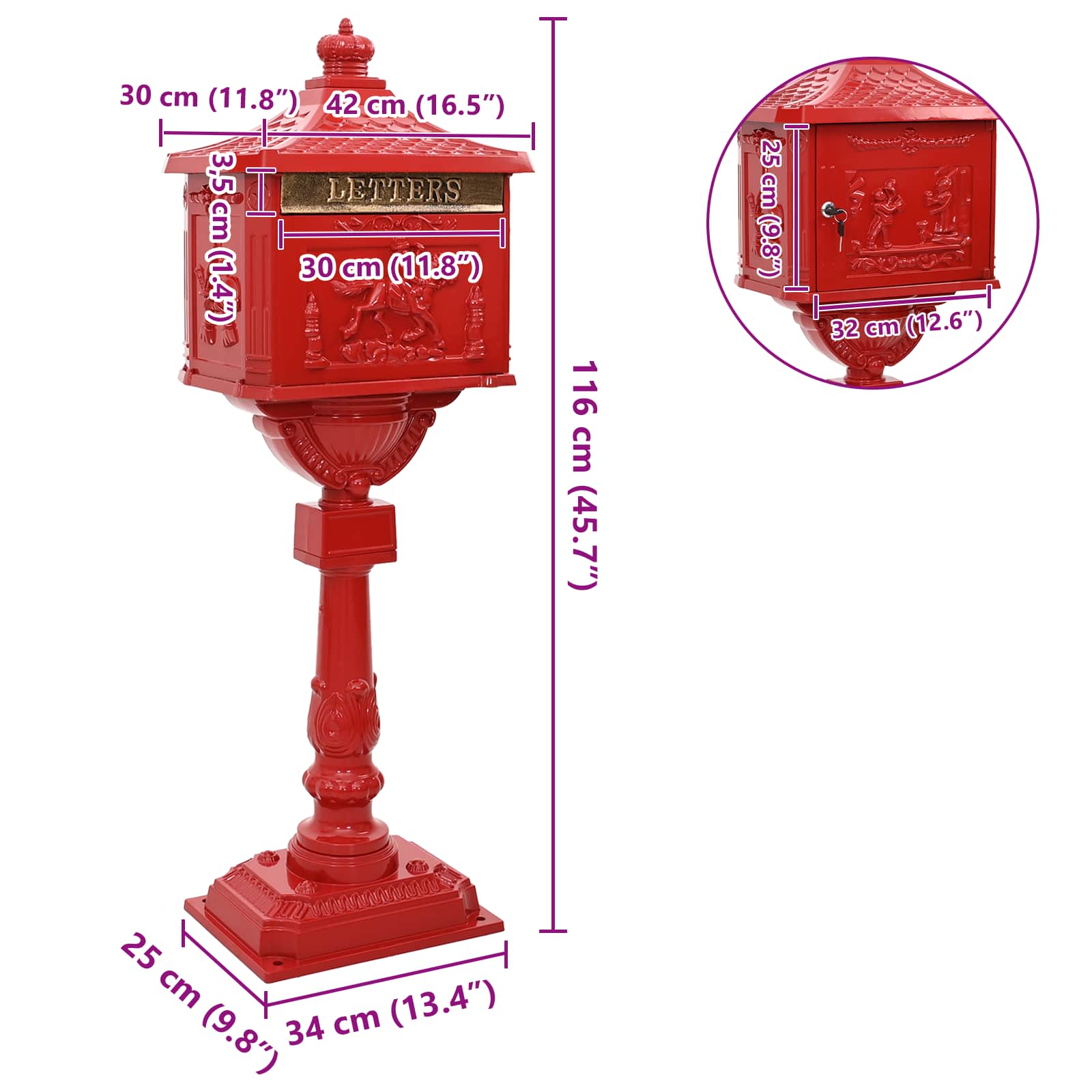 Standing Mailbox Red 42.5 x 29.5 x 117 cm Cast Aluminum