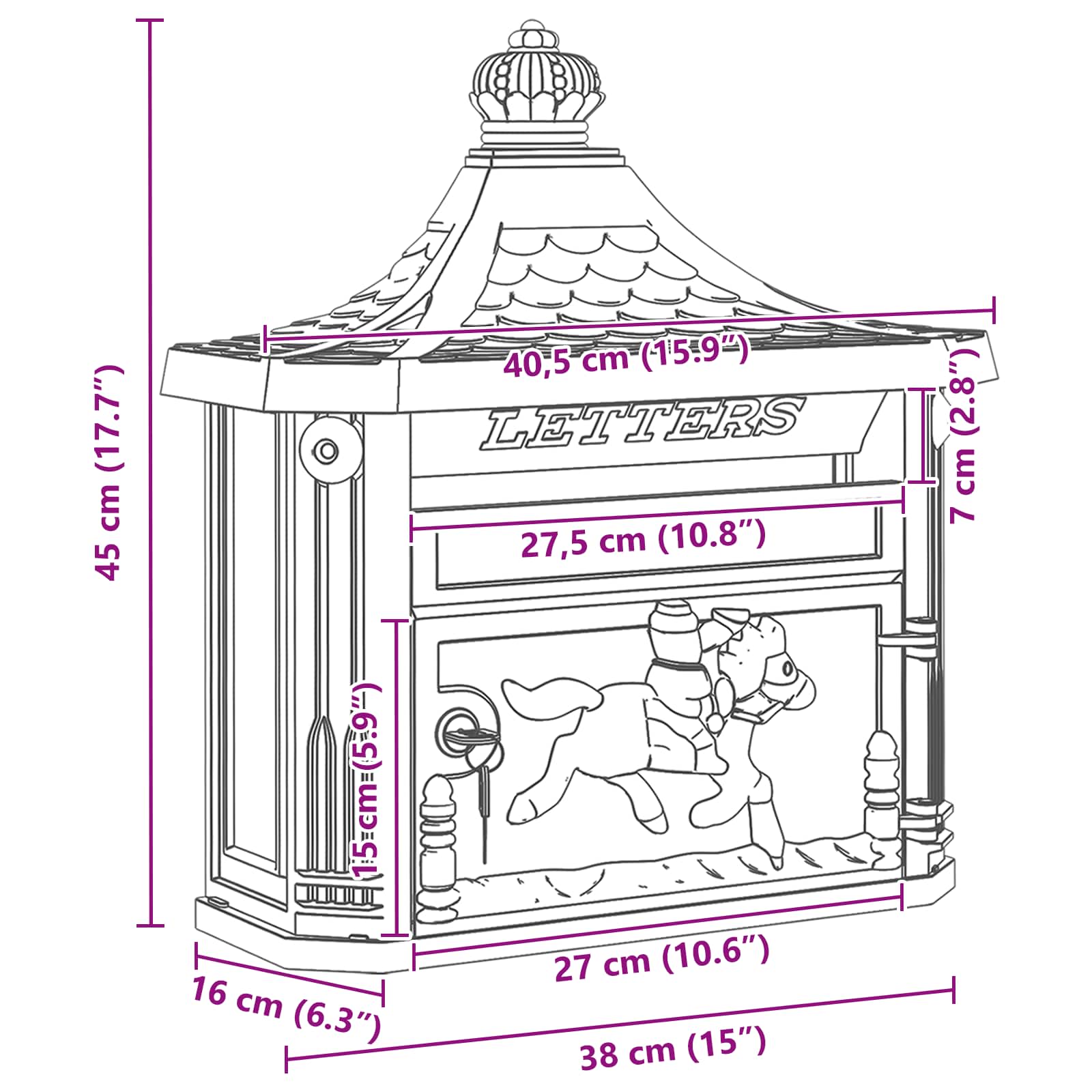 Wall Mounted Mailbox Bronze 40.5 x 16 x 45 cm Cast Aluminum