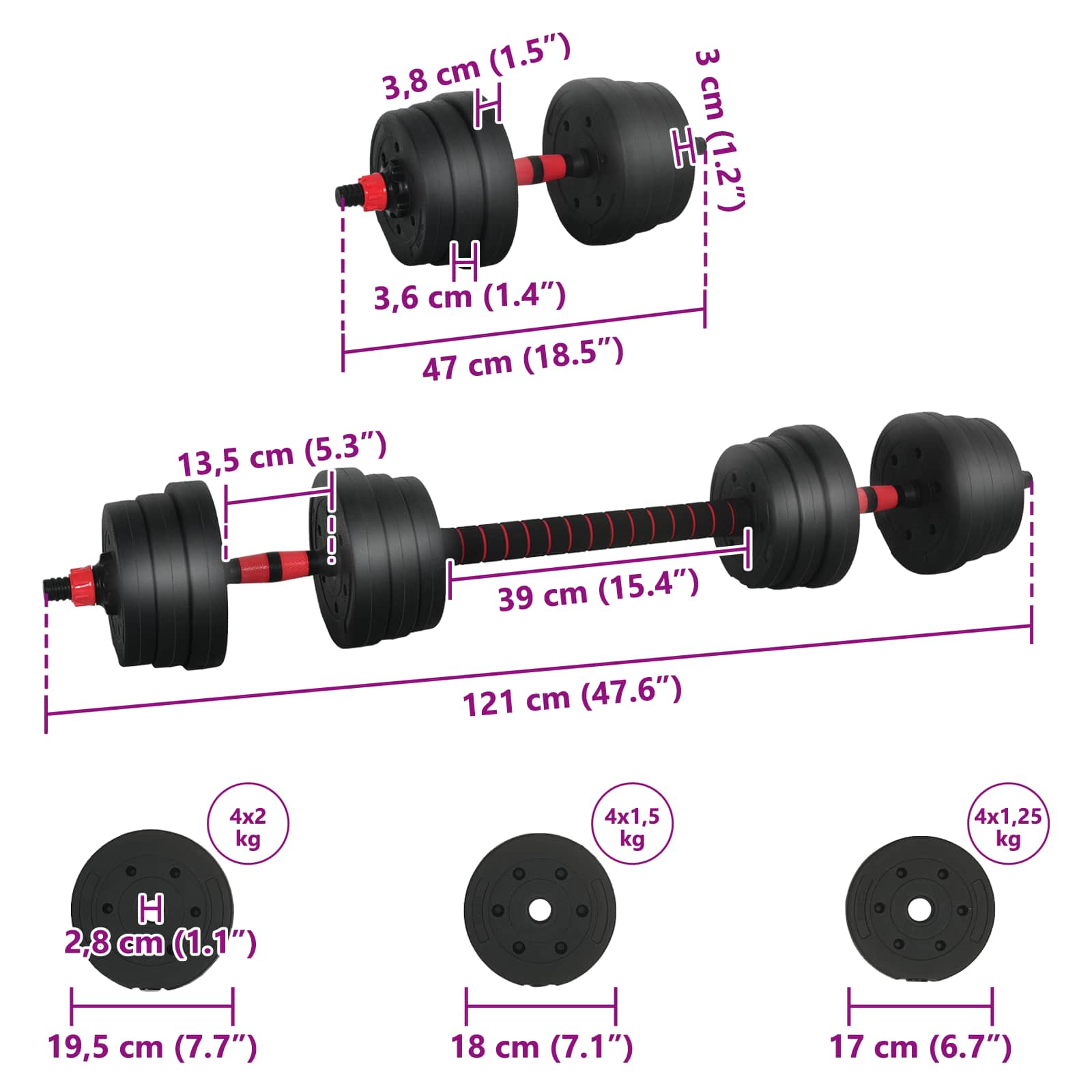 2-in-1 Dumbbell Set Black and Red 121 x 19.5 x 19.5 cm