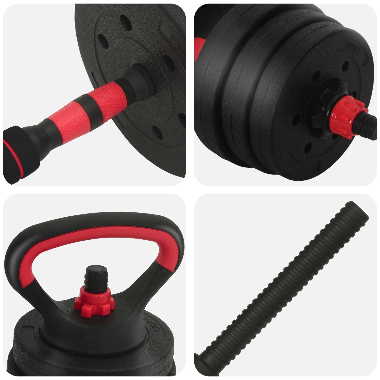 4-in-1 Dumbbell Barbell Kettlebell Set 20kg 20kg Black and Red