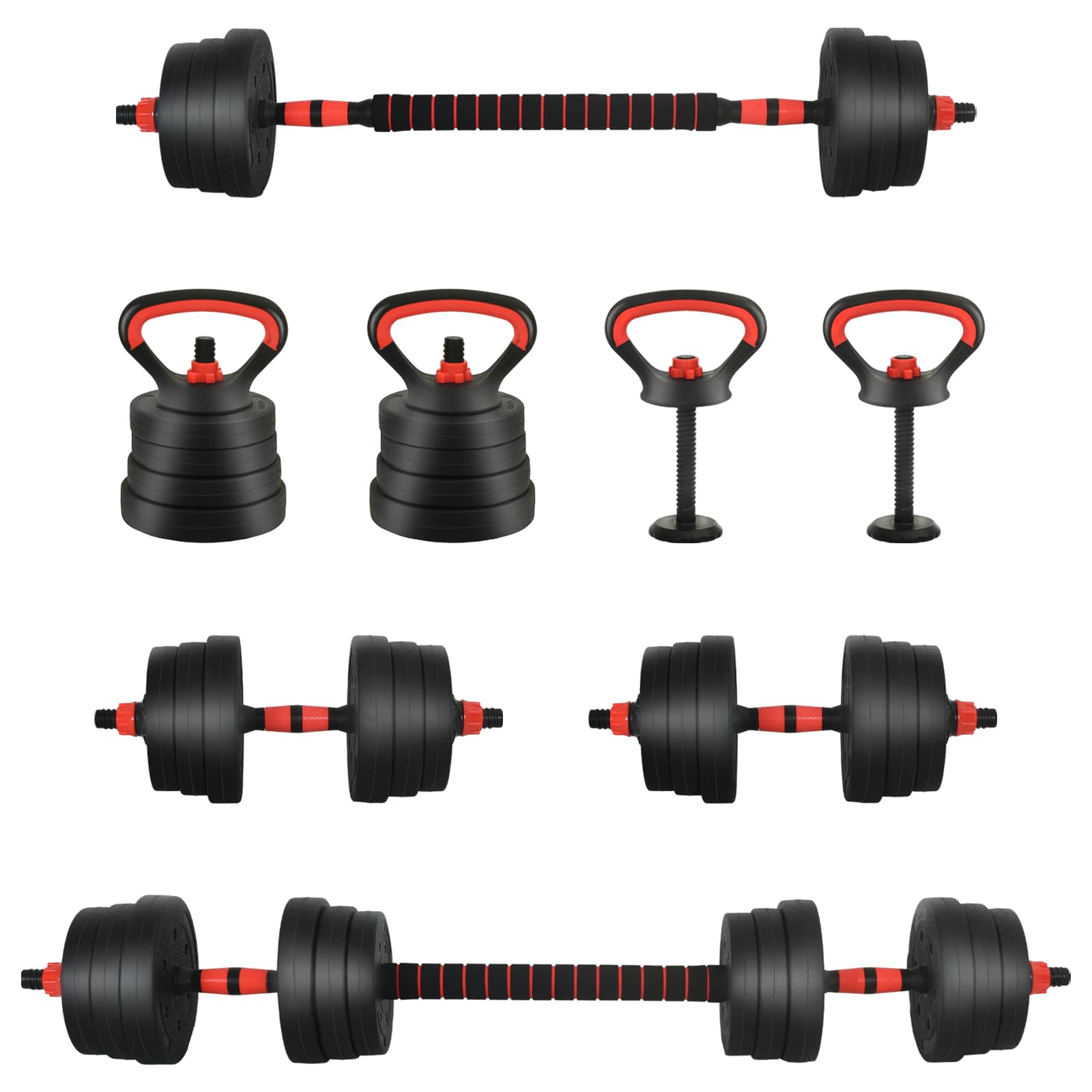 4-in-1 Dumbbell Barbell Kettlebell Set 20kg 20kg Black and Red