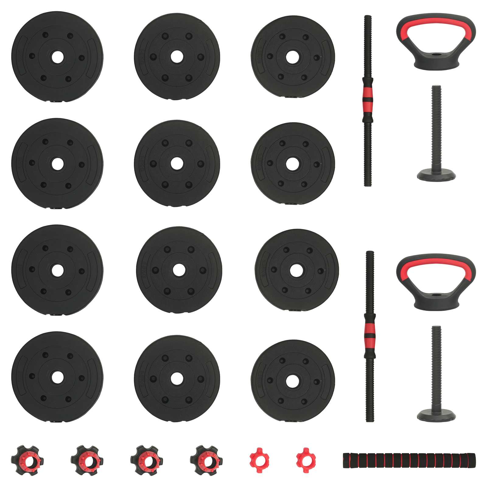4-in-1 Dumbbell Barbell Kettlebell Set 20kg 20kg Black and Red