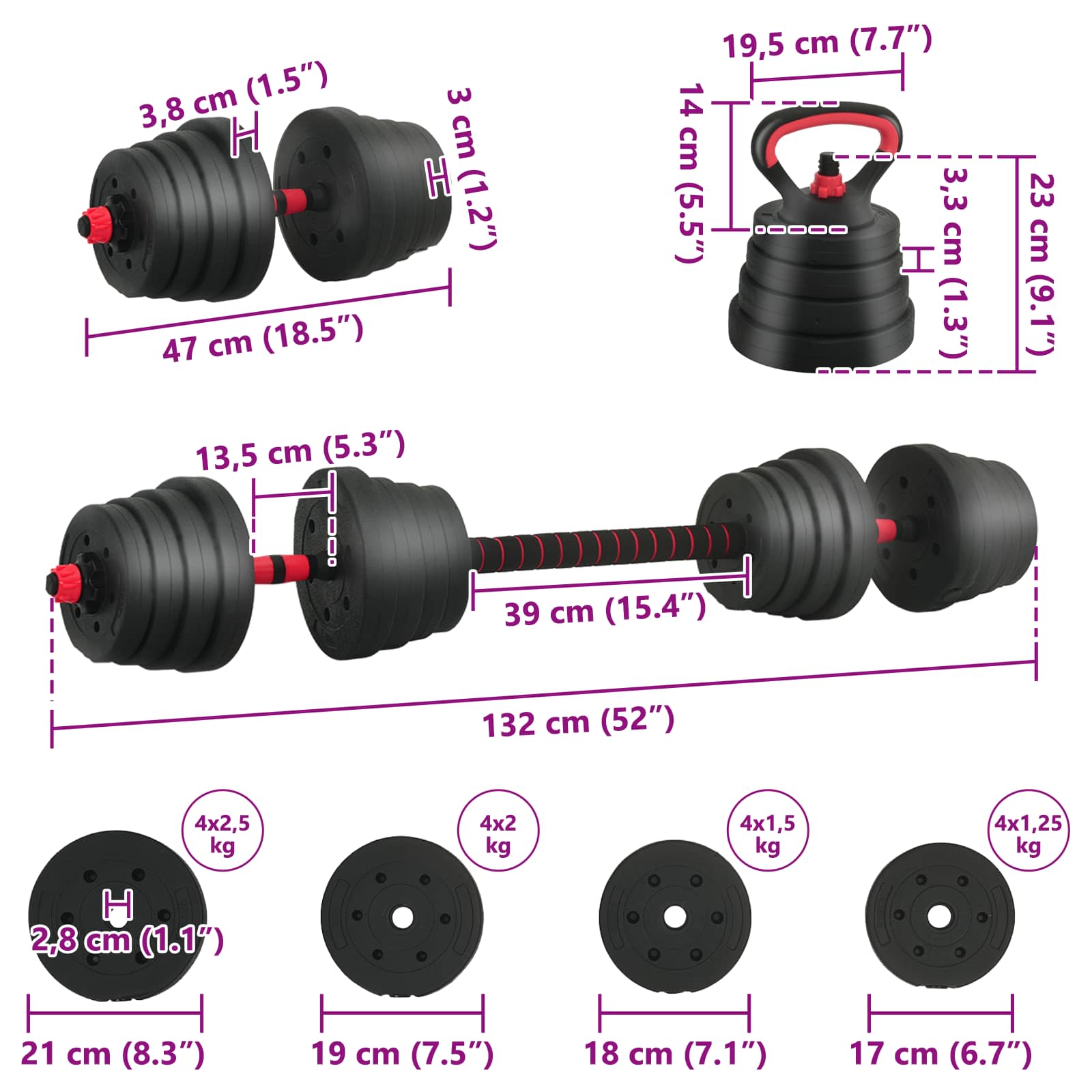 2-in-1 Dumbbell Barbell Set 30kg Black and Red
