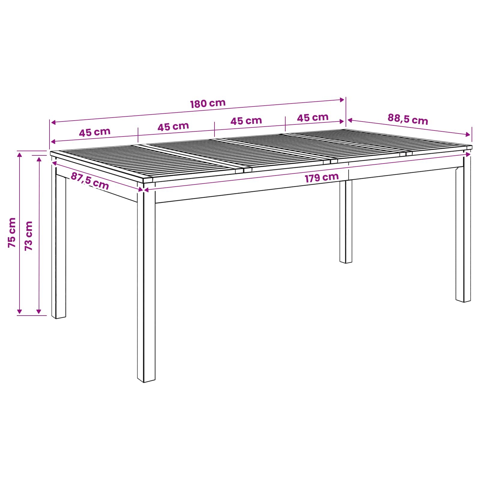 Garden Dinner Table Natural 180 x 88.5 x 75 cm