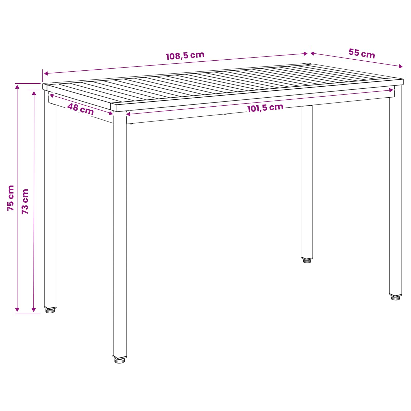 Garden Dinner Table Natural and Black 108.5 x 55 x 75 cm