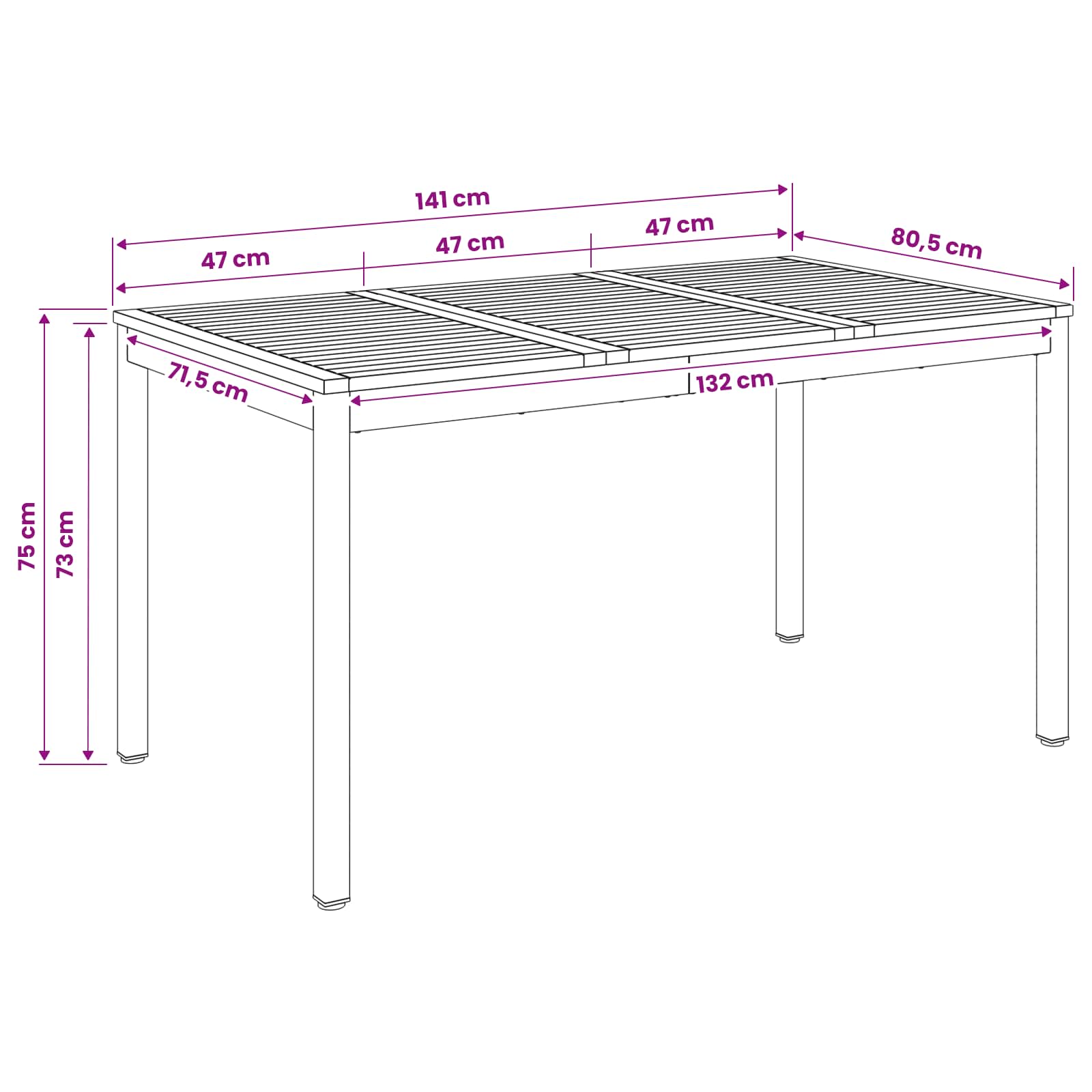 Garden Dinner Table Natural and Black 141 x 80.5 x 75 cm