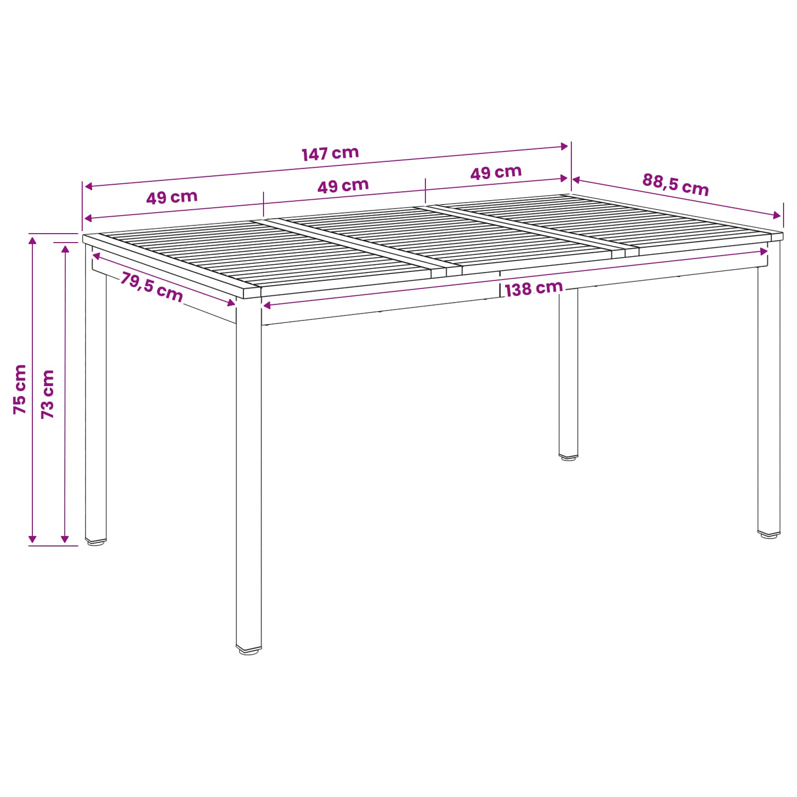Garden Dinner Table Natural and Black 147 x 88.5 x 75 cm