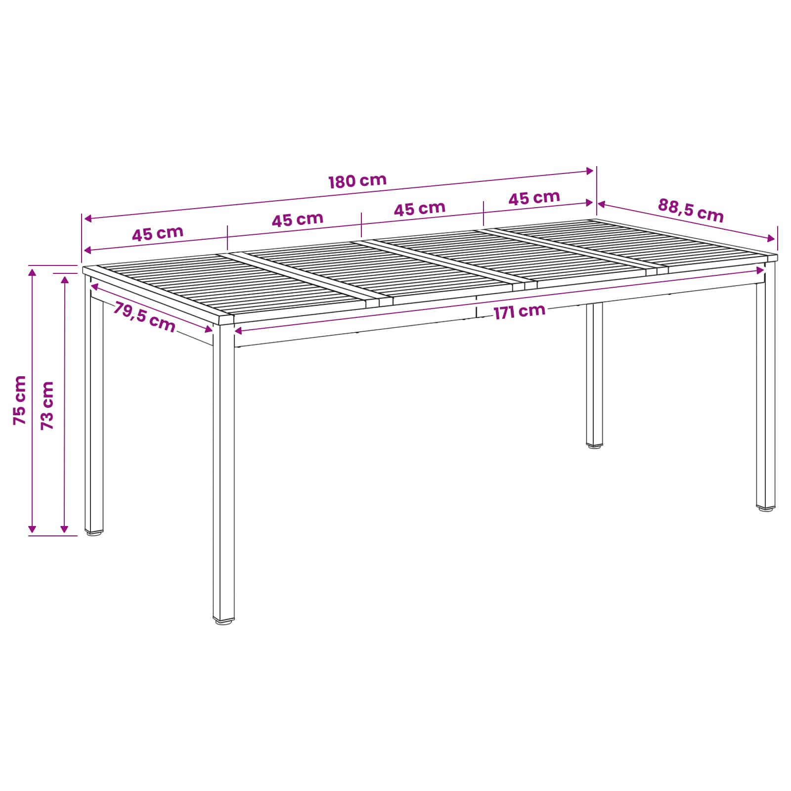 Garden Dinner Table Natural and Black 180 x 88.5 x 75 cm