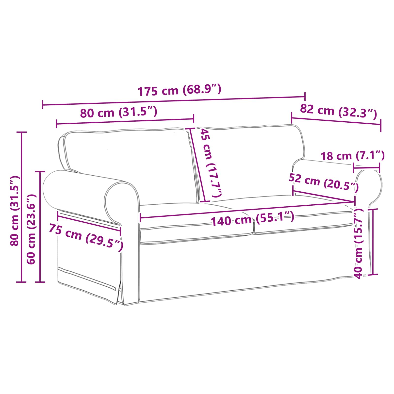 Sofa Black 175 x 82 x 80 cm Fabric